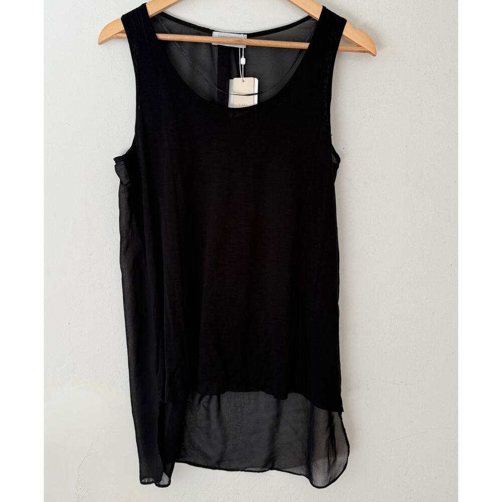Zara Black Sheer Hi Low Blouse M Sleeveless Layered Top Minimalist Modern Chic